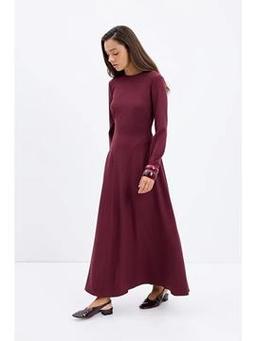 Bisiklet Yaka Parçalı Uzun Elbise Bordo