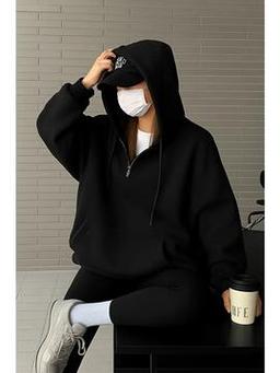 Kadın Siyah Oversize Kapüşonlu Önü Fermuarlı Yumuşak Kumaş Sweatshirt