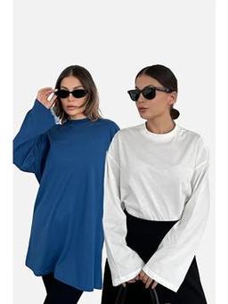 Geniş Kol Oversize 2'Li Paket T-Shirt 964 Ekru/İndigo